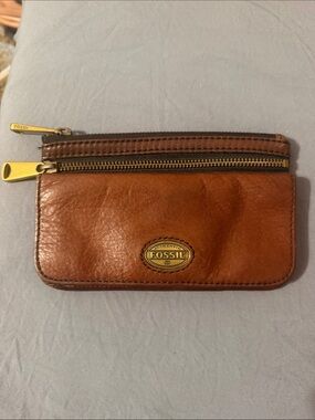 Fossil Cognac Brown Leather Zip Card Pouch with Brass Accents